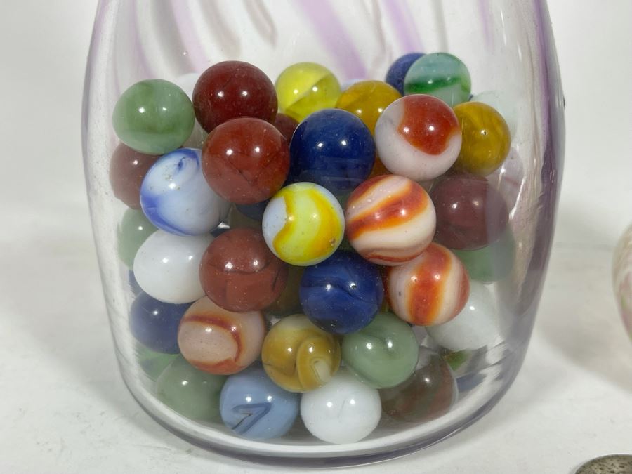 Pair Of Signed Art Glass Vases 6.5H / 8H And Vintage Glass Marbles [Photo 3]