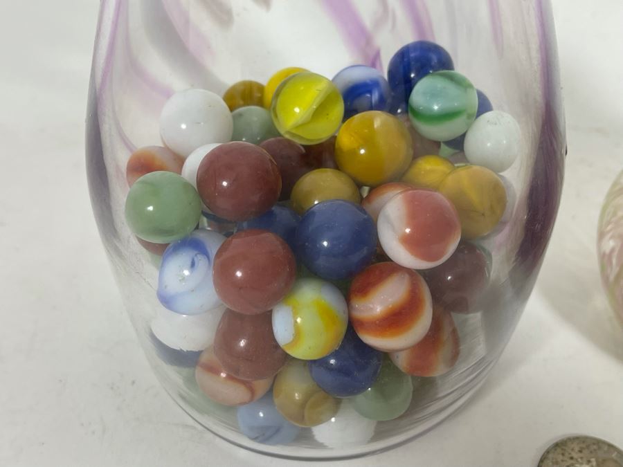 Pair Of Signed Art Glass Vases 6.5H / 8H And Vintage Glass Marbles [Photo 4]