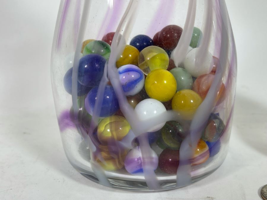 Pair Of Signed Art Glass Vases 6.5H / 8H And Vintage Glass Marbles [Photo 6]