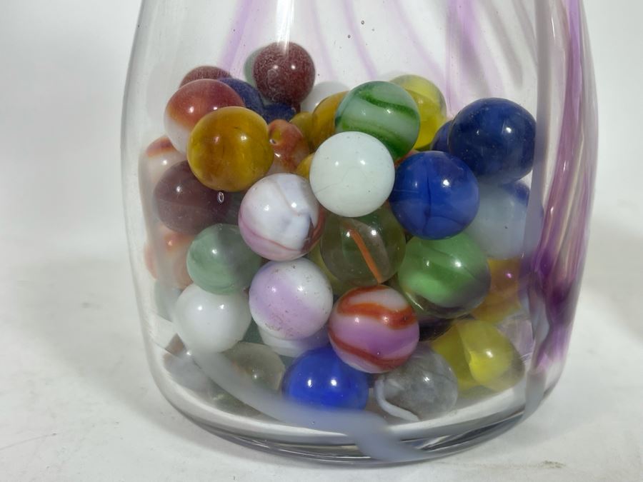 Pair Of Signed Art Glass Vases 6.5H / 8H And Vintage Glass Marbles [Photo 7]