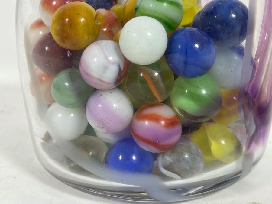 Pair Of Signed Art Glass Vases 6.5H / 8H And Vintage Glass Marbles [Photo 8]