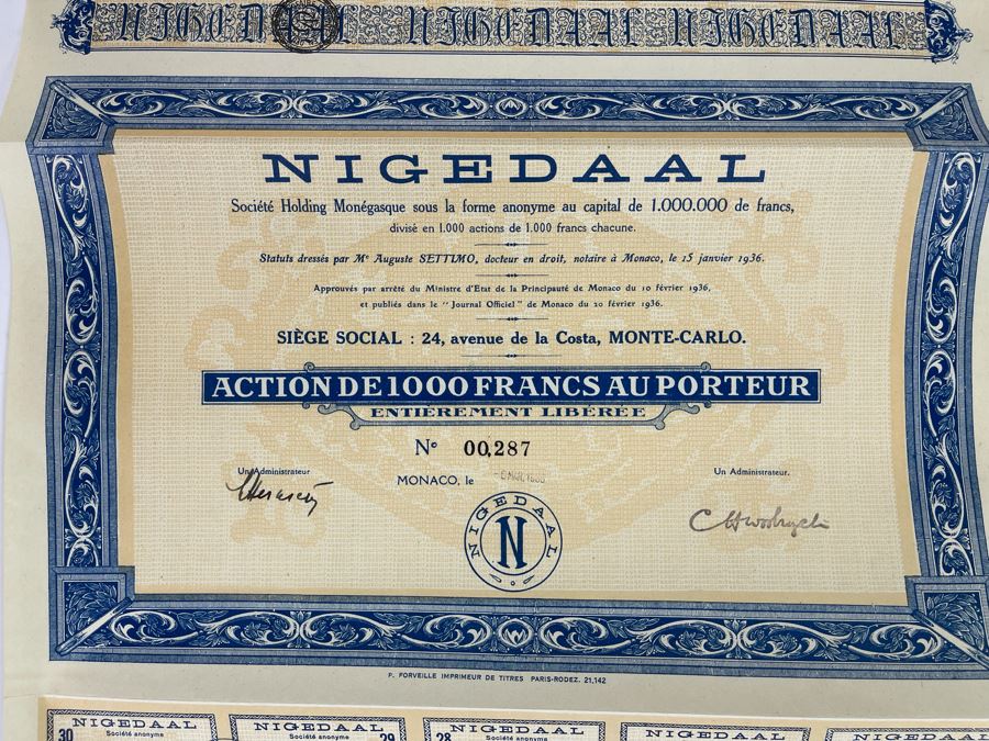Vintage 1936 Nigedaal Monte Carlo, Monaco Stock Certificate [Photo 5]