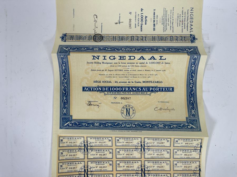 Vintage 1936 Nigedaal Monte Carlo, Monaco Stock Certificate [Photo 4]