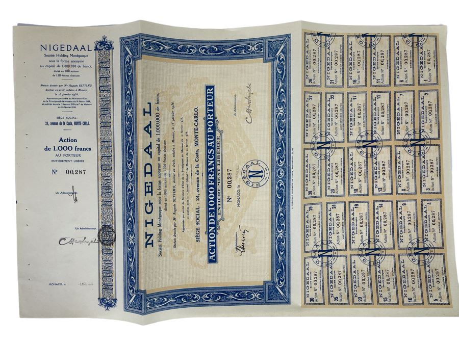 Vintage 1936 Nigedaal Monte Carlo, Monaco Stock Certificate