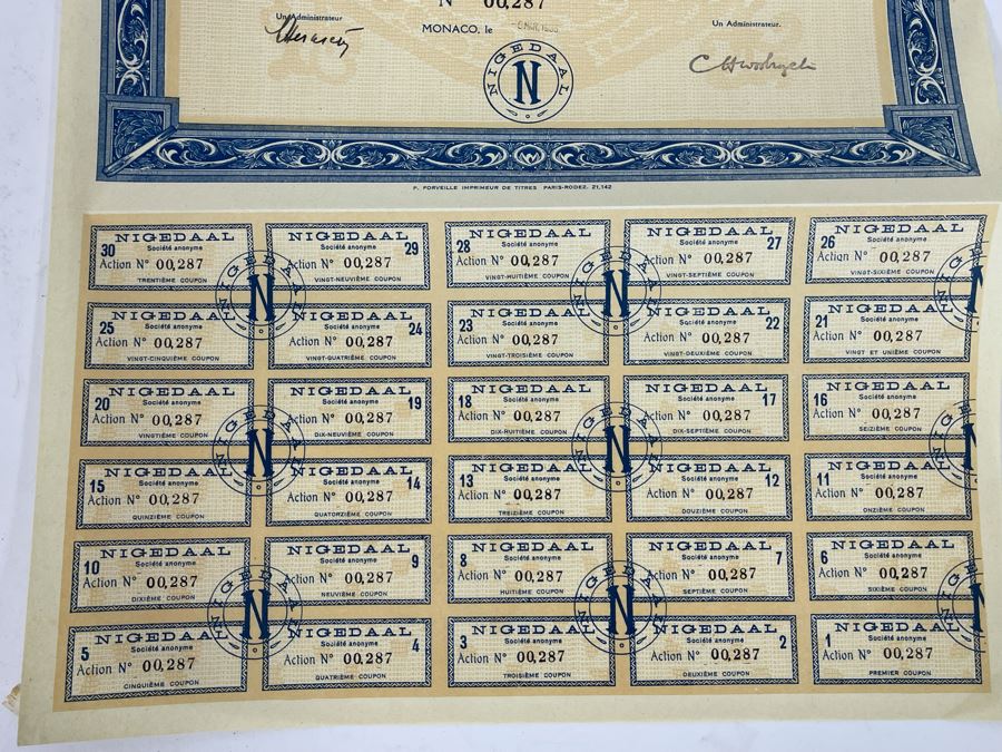 Vintage 1936 Nigedaal Monte Carlo, Monaco Stock Certificate [Photo 7]