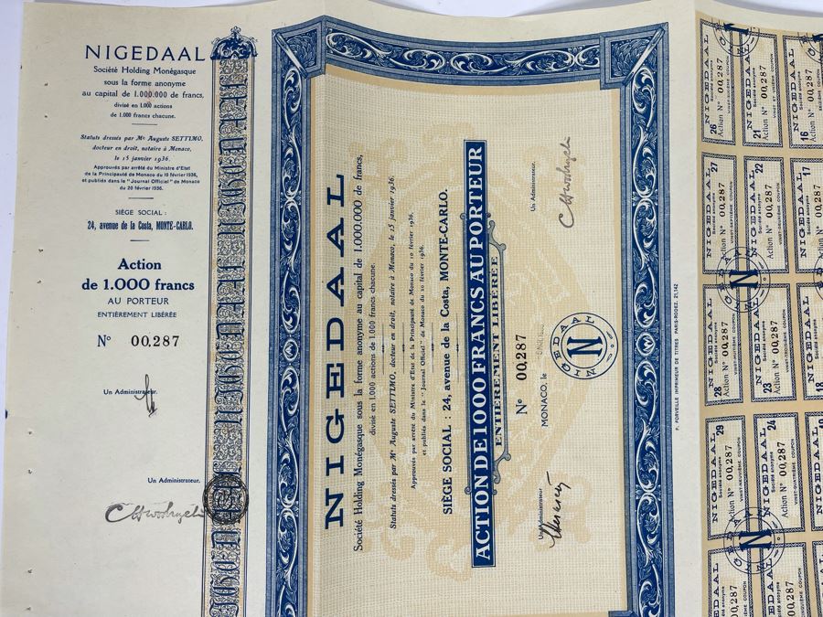 Vintage 1936 Nigedaal Monte Carlo, Monaco Stock Certificate [Photo 3]
