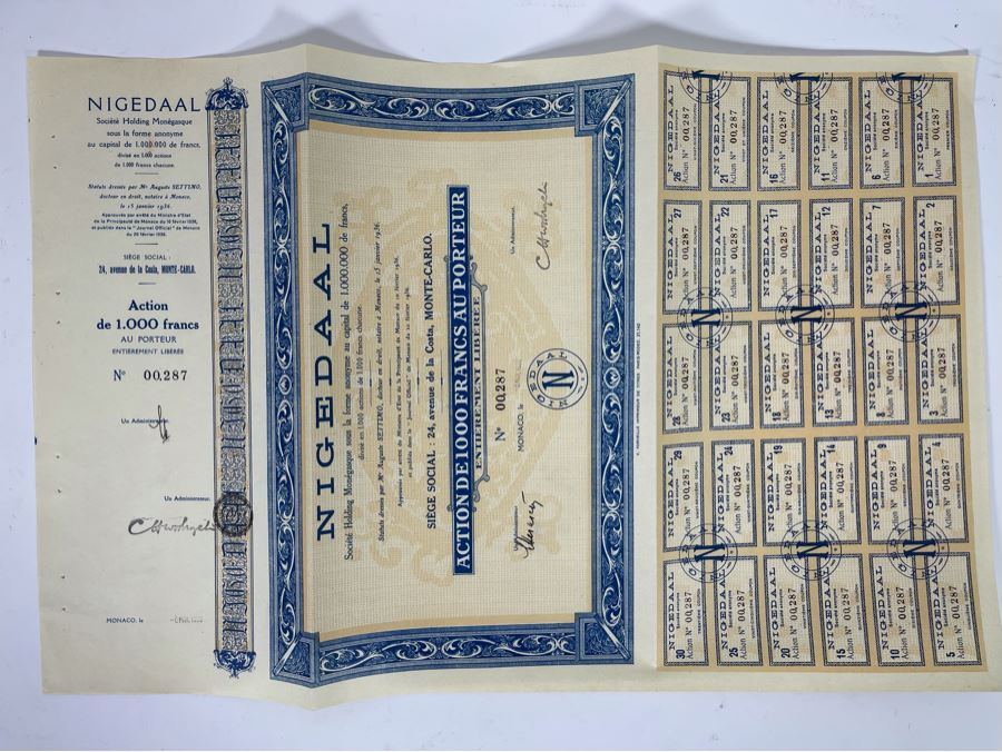 Vintage 1936 Nigedaal Monte Carlo, Monaco Stock Certificate [Photo 2]