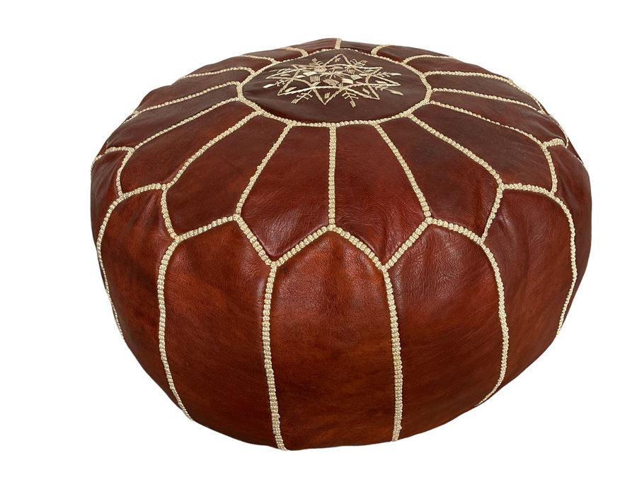 JUST ADDED - Handmade Leather Pouf Brown 20R X 12H Retails $199