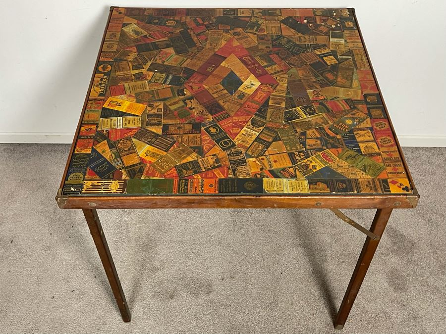 JUST ADDED - Vintage Card Table With Vintage Matchbook Top 28.5W X 26H [Photo 2]