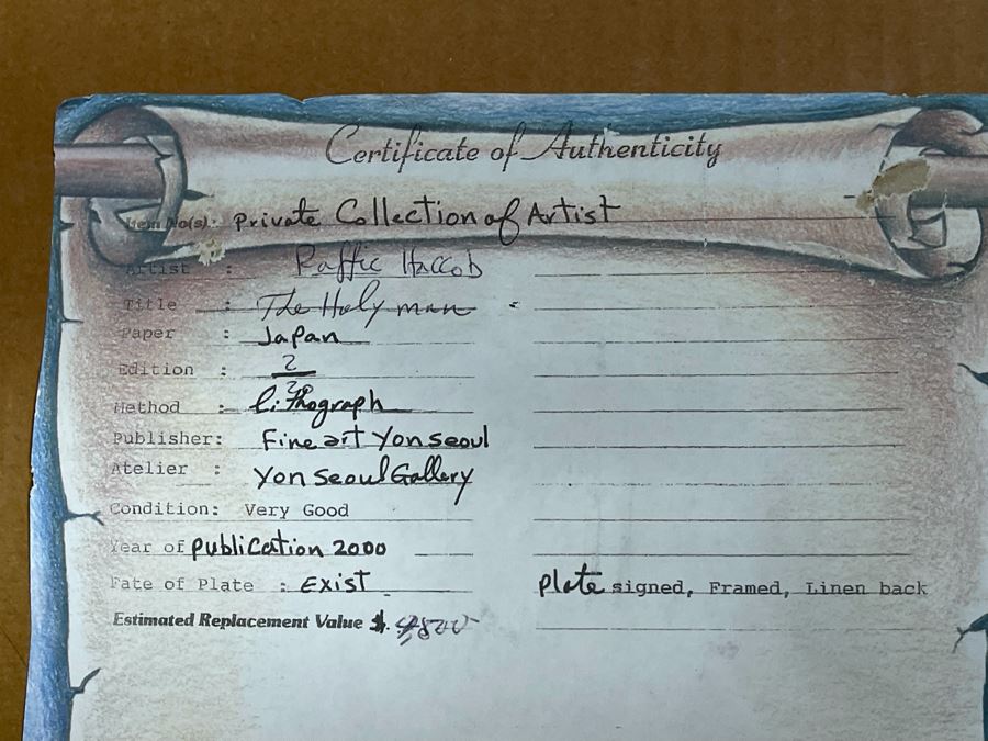 JUST ADDED - Hand Signed Limited Edition Lithograph Raffie Hacob Titled 'The Holy Man' With Certificate Of Authenticity 16 X 22 [Photo 13]