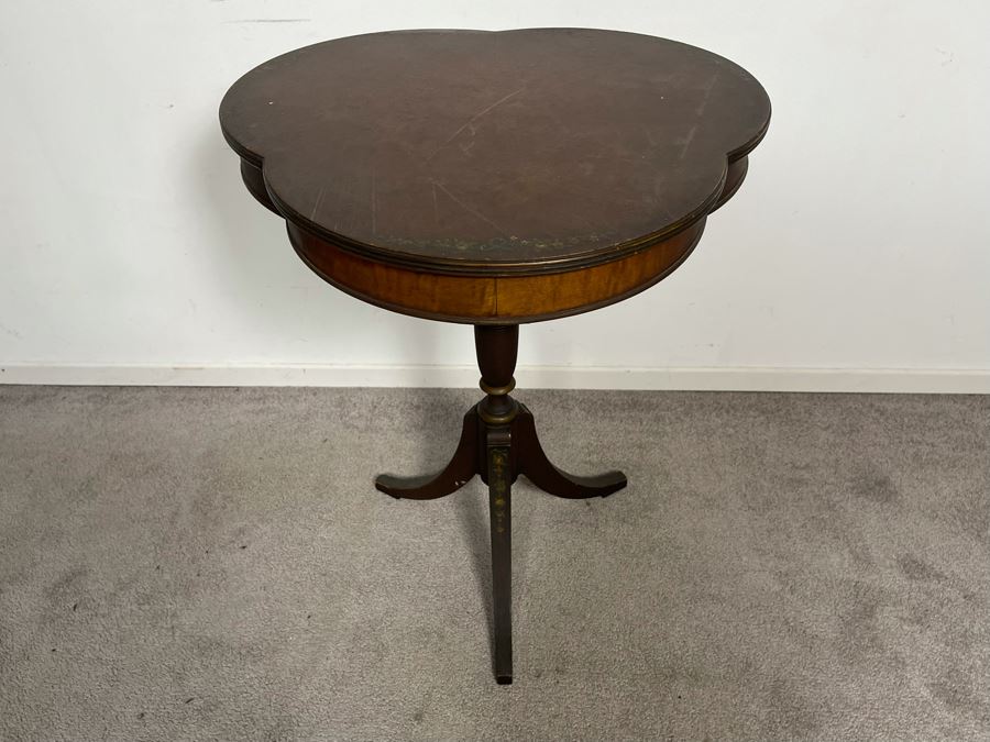 JUST ADDED - Antique Leather Top Hand Painted Pedestal Table 23W X 28H With Second Edition Webster Dictionary [Photo 11]