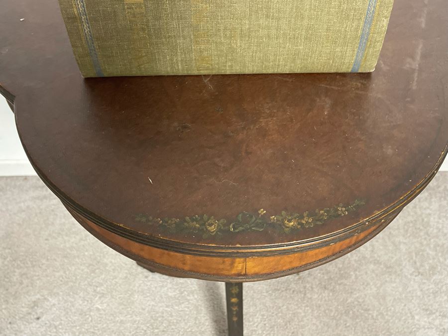 JUST ADDED - Antique Leather Top Hand Painted Pedestal Table 23W X 28H With Second Edition Webster Dictionary [Photo 4]