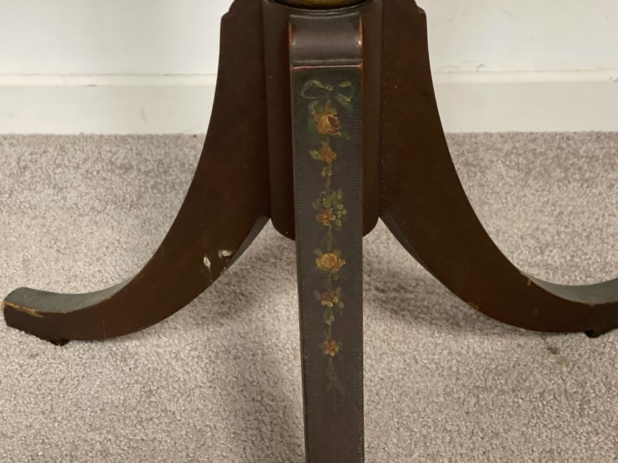 JUST ADDED - Antique Leather Top Hand Painted Pedestal Table 23W X 28H With Second Edition Webster Dictionary [Photo 7]
