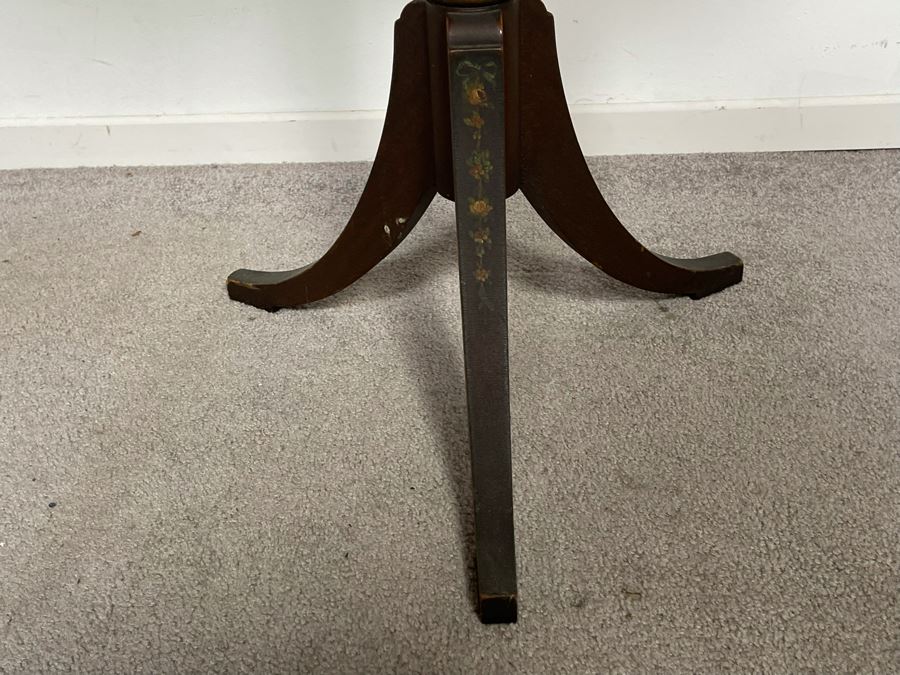 JUST ADDED - Antique Leather Top Hand Painted Pedestal Table 23W X 28H With Second Edition Webster Dictionary [Photo 6]