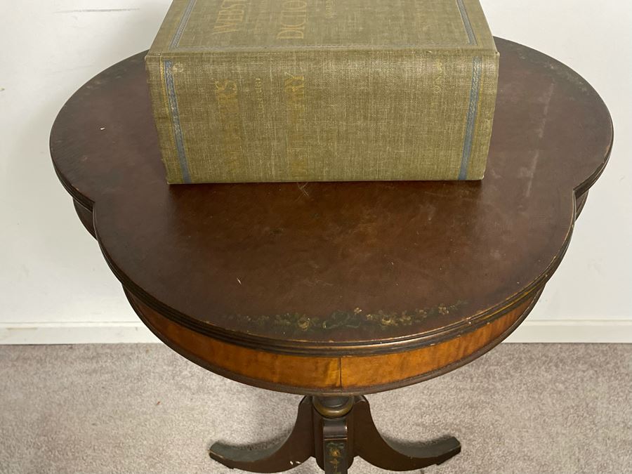 JUST ADDED - Antique Leather Top Hand Painted Pedestal Table 23W X 28H With Second Edition Webster Dictionary [Photo 5]
