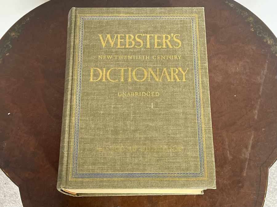 JUST ADDED - Antique Leather Top Hand Painted Pedestal Table 23W X 28H With Second Edition Webster Dictionary [Photo 8]