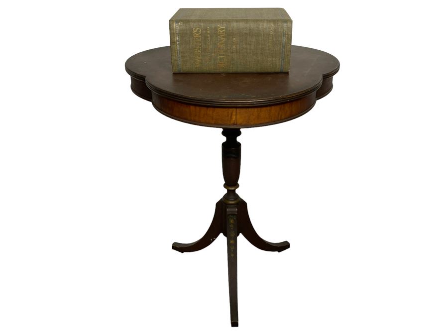 JUST ADDED - Antique Leather Top Hand Painted Pedestal Table 23W X 28H With Second Edition Webster Dictionary [Photo 1]