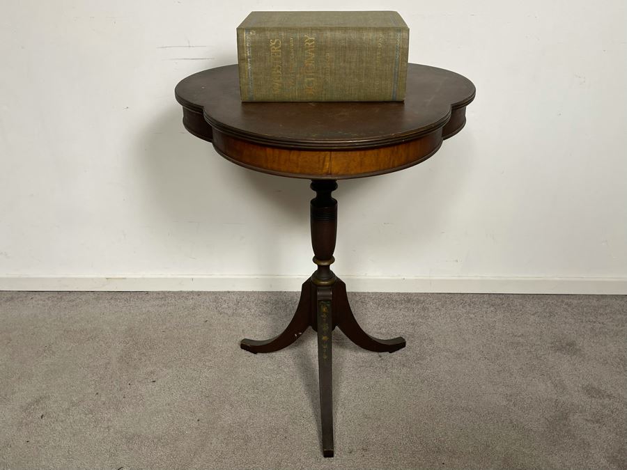 JUST ADDED - Antique Leather Top Hand Painted Pedestal Table 23W X 28H With Second Edition Webster Dictionary [Photo 3]