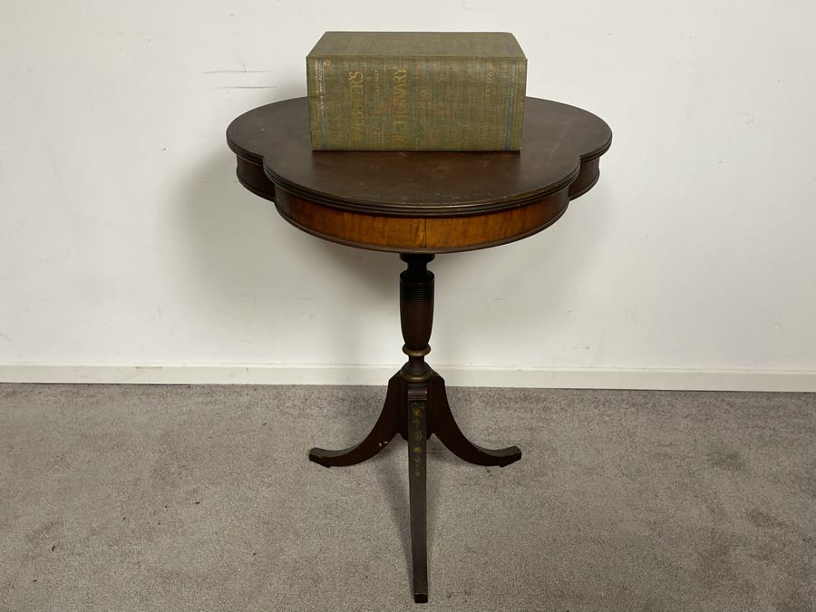 JUST ADDED - Antique Leather Top Hand Painted Pedestal Table 23W X 28H With Second Edition Webster Dictionary [Photo 2]