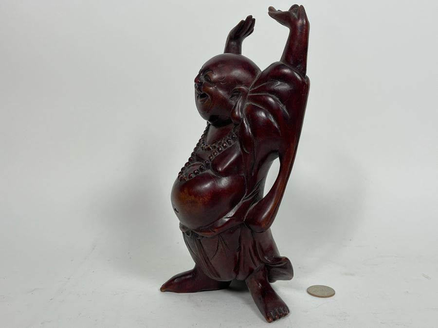 JUST ADDED - Signed Hand Carved Wooden Laughing Buddha Statue 9.5H [Photo 4]