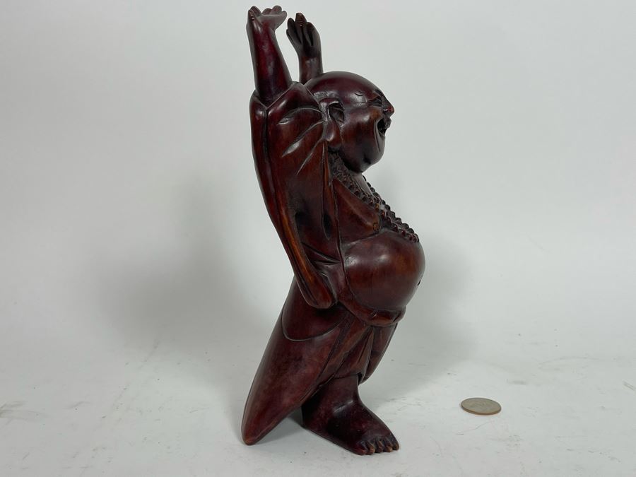 JUST ADDED - Signed Hand Carved Wooden Laughing Buddha Statue 9.5H [Photo 6]