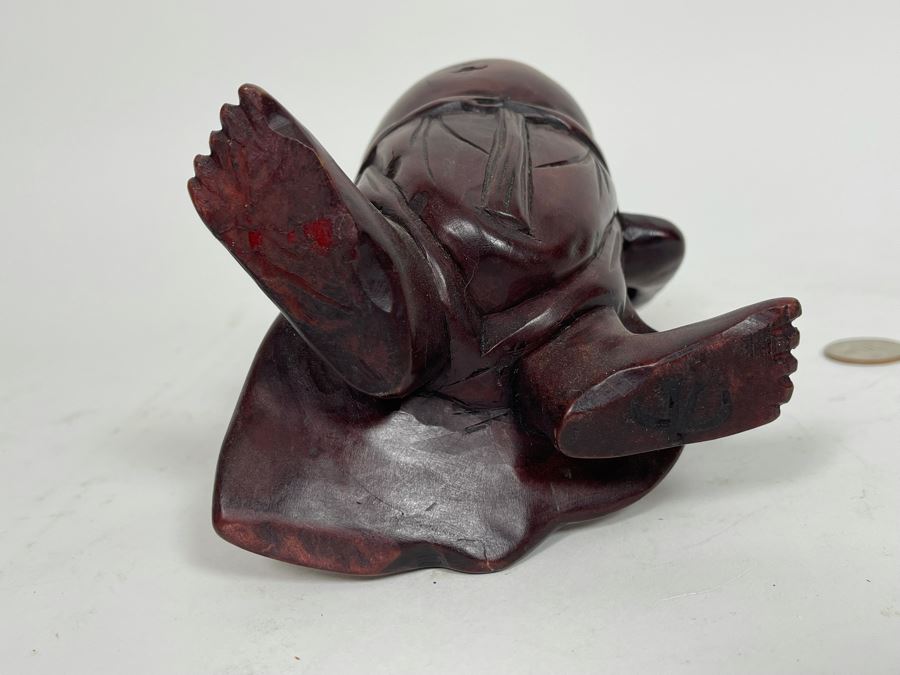 JUST ADDED - Signed Hand Carved Wooden Laughing Buddha Statue 9.5H [Photo 7]