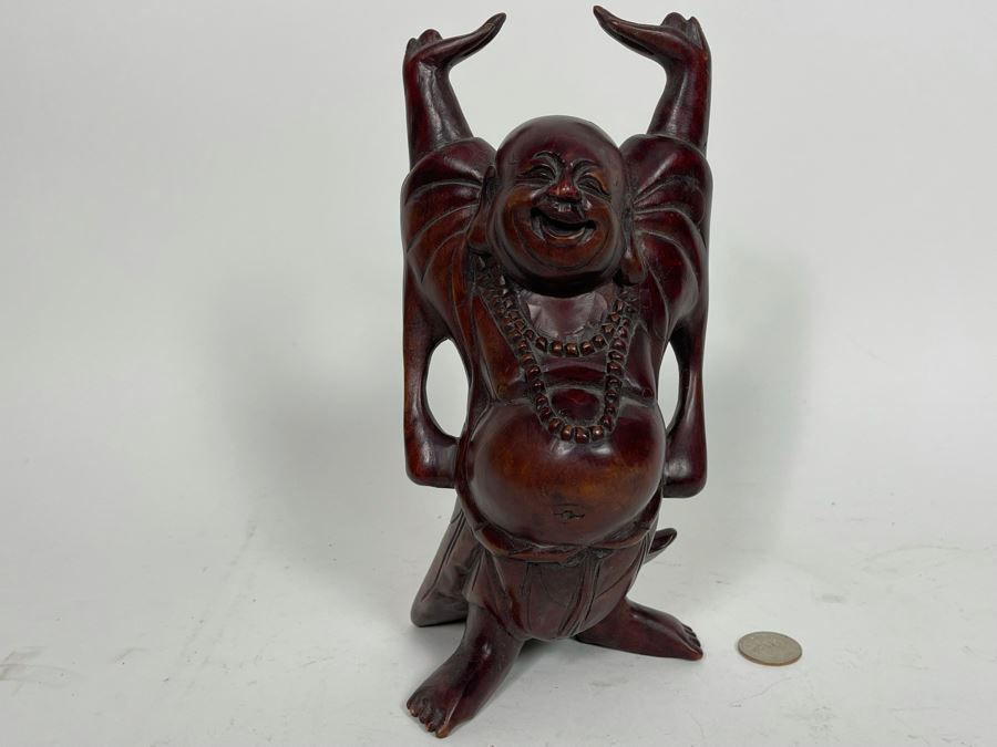 JUST ADDED - Signed Hand Carved Wooden Laughing Buddha Statue 9.5H [Photo 2]