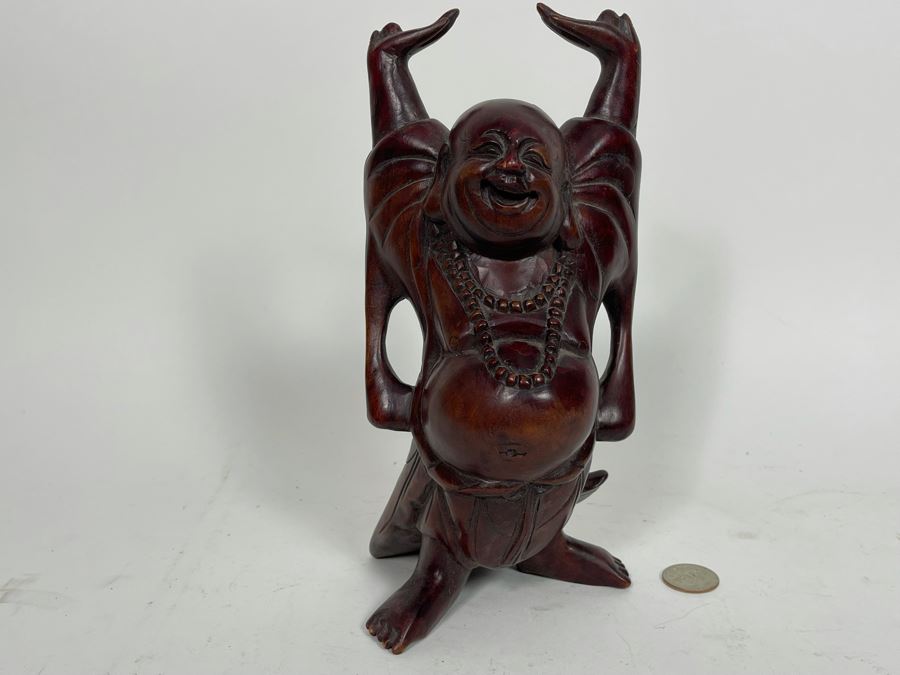 JUST ADDED - Signed Hand Carved Wooden Laughing Buddha Statue 9.5H [Photo 3]