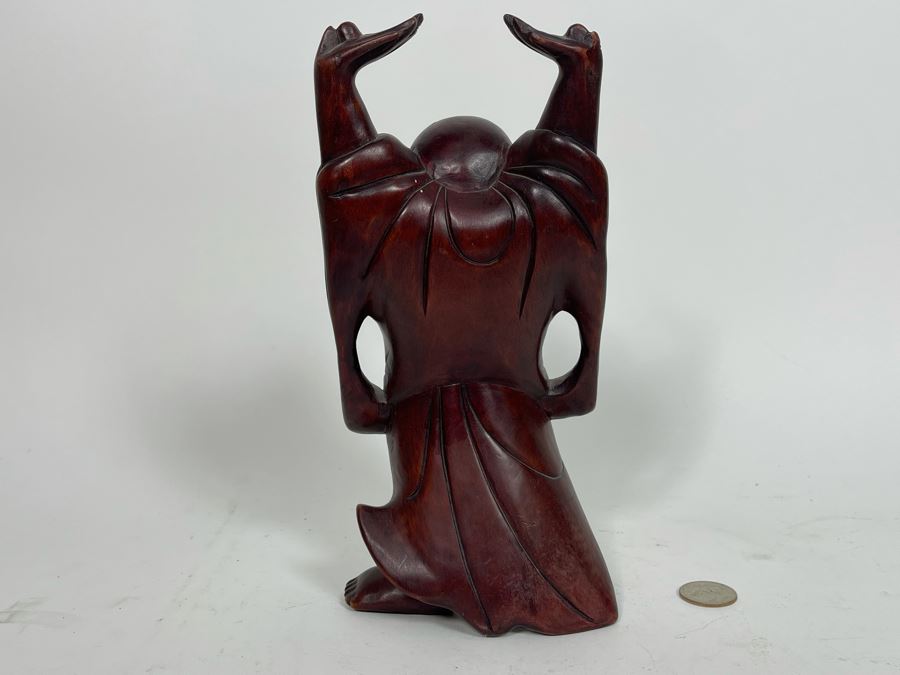 JUST ADDED - Signed Hand Carved Wooden Laughing Buddha Statue 9.5H [Photo 5]