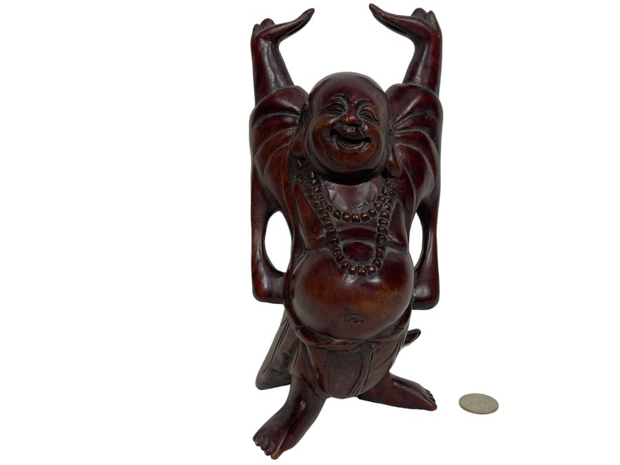 JUST ADDED - Signed Hand Carved Wooden Laughing Buddha Statue 9.5H [Photo 1]