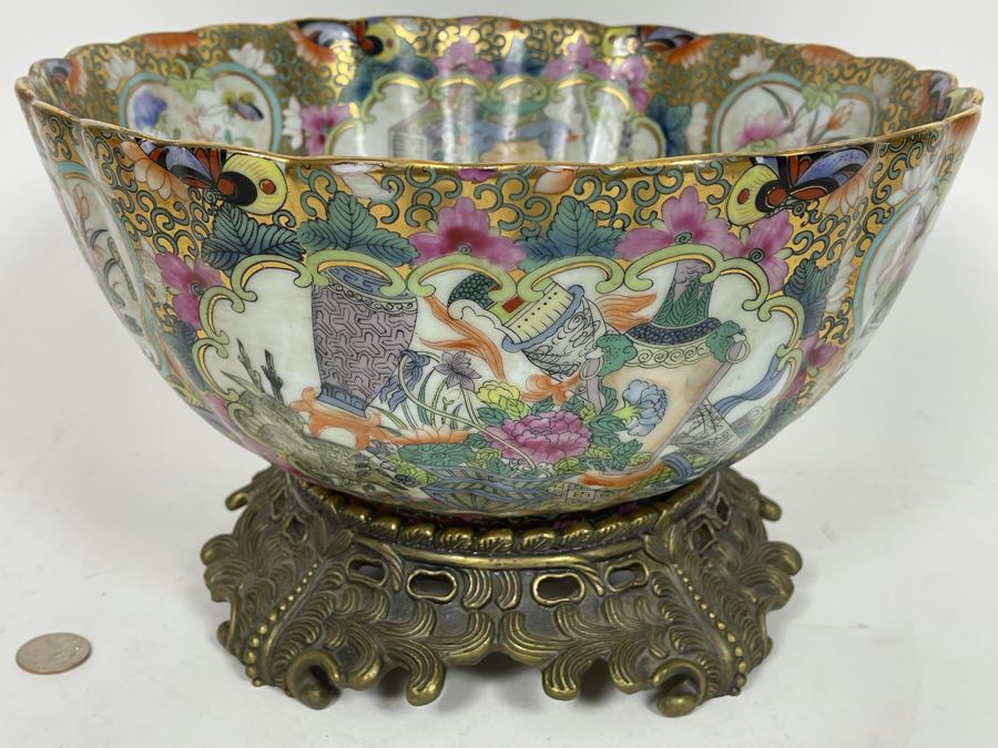 JUST ADDED - Chinese Hand Painted Porcelain Bowl With Metal Stand 12W X 6H [Photo 22]