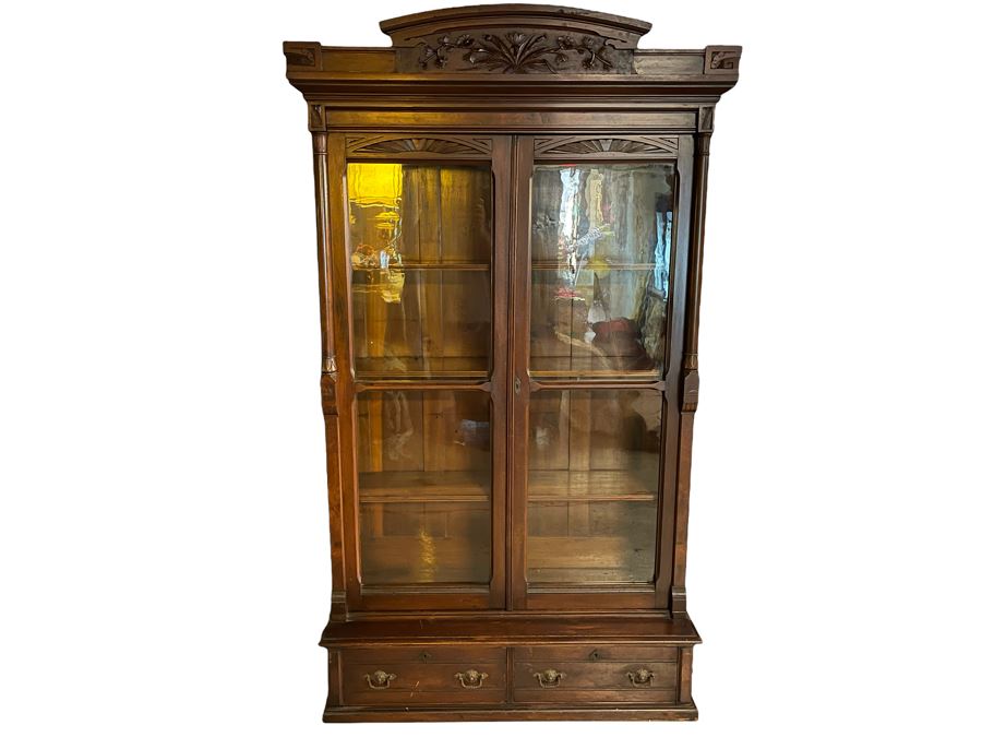 Beautiful Antique Carved Wood Glass Front Display Cabinet 49W X 19D X 89H [Photo 1]