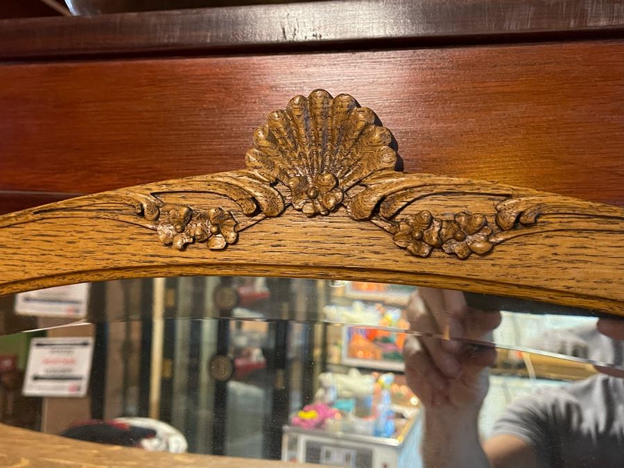 Vintage Tiger Oak Glass Front Lockable Display Cabinet With Top Mirror 49W X 17D X 73H [Photo 4]