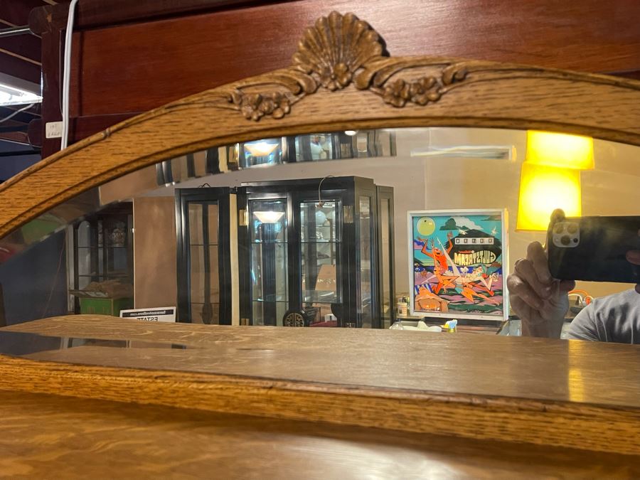 Vintage Tiger Oak Glass Front Lockable Display Cabinet With Top Mirror 49W X 17D X 73H [Photo 3]