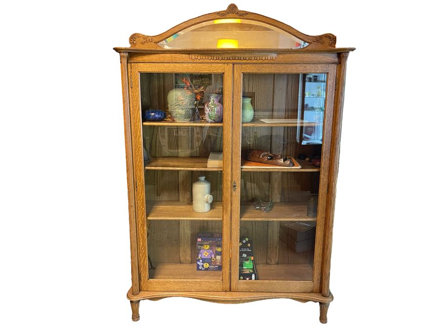 Vintage Tiger Oak Glass Front Lockable Display Cabinet With Top Mirror 49W X 17D X 73H [Photo 1]