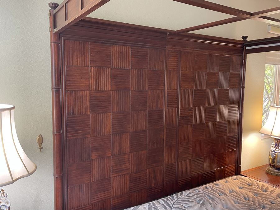 Henredon Pan Asian King Size Canopy Poster Bed Faux Bamboo Campaign Style With Sealy Posturepedic Plus Eastern King Size Mattress Bed Measures 7'W X 90'L X 86'H  Estimate $4,000 [Photo 5]