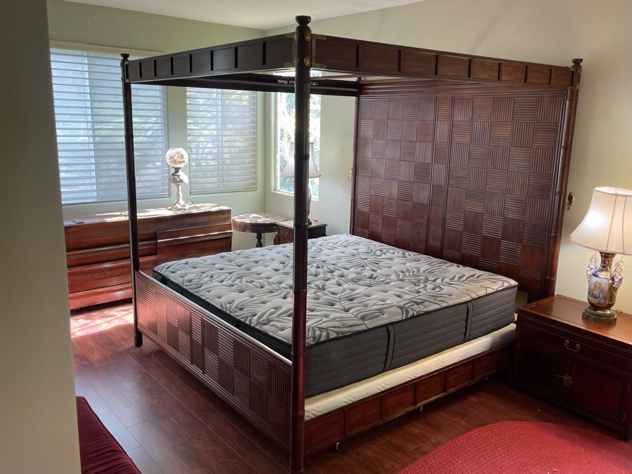 Henredon Pan Asian King Size Canopy Poster Bed Faux Bamboo Campaign Style With Sealy Posturepedic Plus Eastern King Size Mattress Bed Measures 7'W X 90'L X 86'H  Estimate $4,000 [Photo 1]