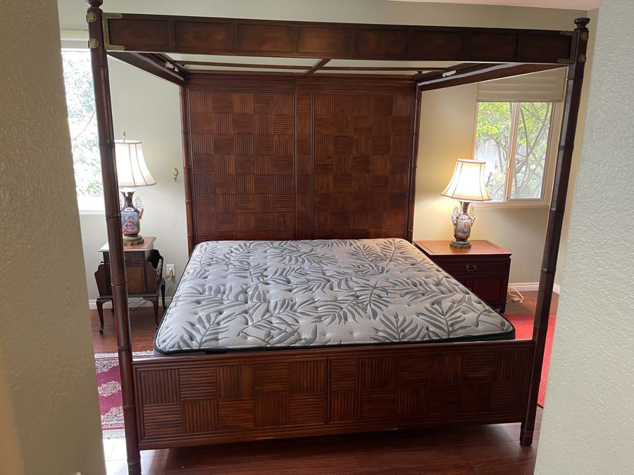 Henredon Pan Asian King Size Canopy Poster Bed Faux Bamboo Campaign Style With Sealy Posturepedic Plus Eastern King Size Mattress Bed Measures 7'W X 90'L X 86'H  Estimate $4,000 [Photo 10]