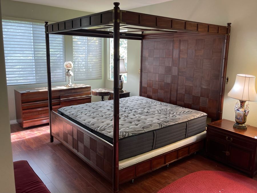 Henredon Pan Asian King Size Canopy Poster Bed Faux Bamboo Campaign Style With Sealy Posturepedic Plus Eastern King Size Mattress Bed Measures 7'W X 90'L X 86'H  Estimate $4,000 [Photo 3]