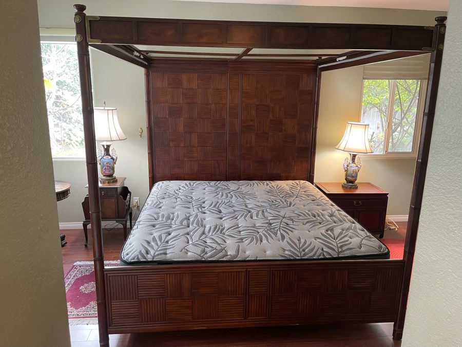 Henredon Pan Asian King Size Canopy Poster Bed Faux Bamboo Campaign Style With Sealy Posturepedic Plus Eastern King Size Mattress Bed Measures 7'W X 90'L X 86'H  Estimate $4,000 [Photo 13]