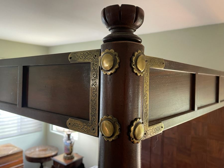 Henredon Pan Asian King Size Canopy Poster Bed Faux Bamboo Campaign Style With Sealy Posturepedic Plus Eastern King Size Mattress Bed Measures 7'W X 90'L X 86'H  Estimate $4,000 [Photo 7]