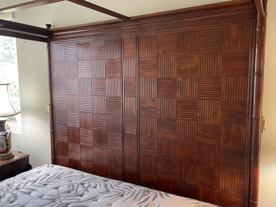 Henredon Pan Asian King Size Canopy Poster Bed Faux Bamboo Campaign Style With Sealy Posturepedic Plus Eastern King Size Mattress Bed Measures 7'W X 90'L X 86'H  Estimate $4,000 [Photo 9]