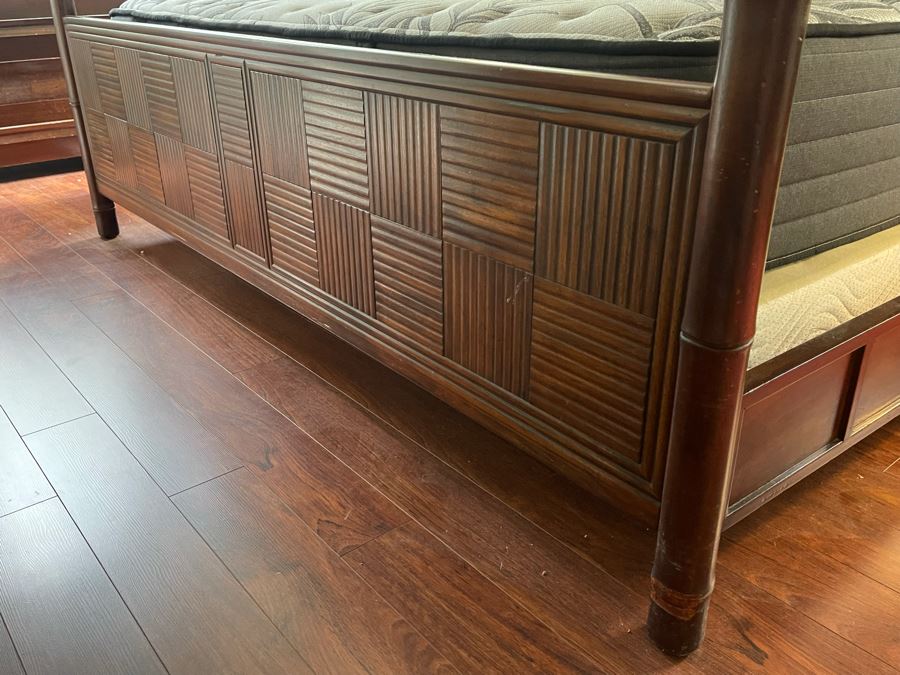 Henredon Pan Asian King Size Canopy Poster Bed Faux Bamboo Campaign Style With Sealy Posturepedic Plus Eastern King Size Mattress Bed Measures 7'W X 90'L X 86'H  Estimate $4,000 [Photo 4]