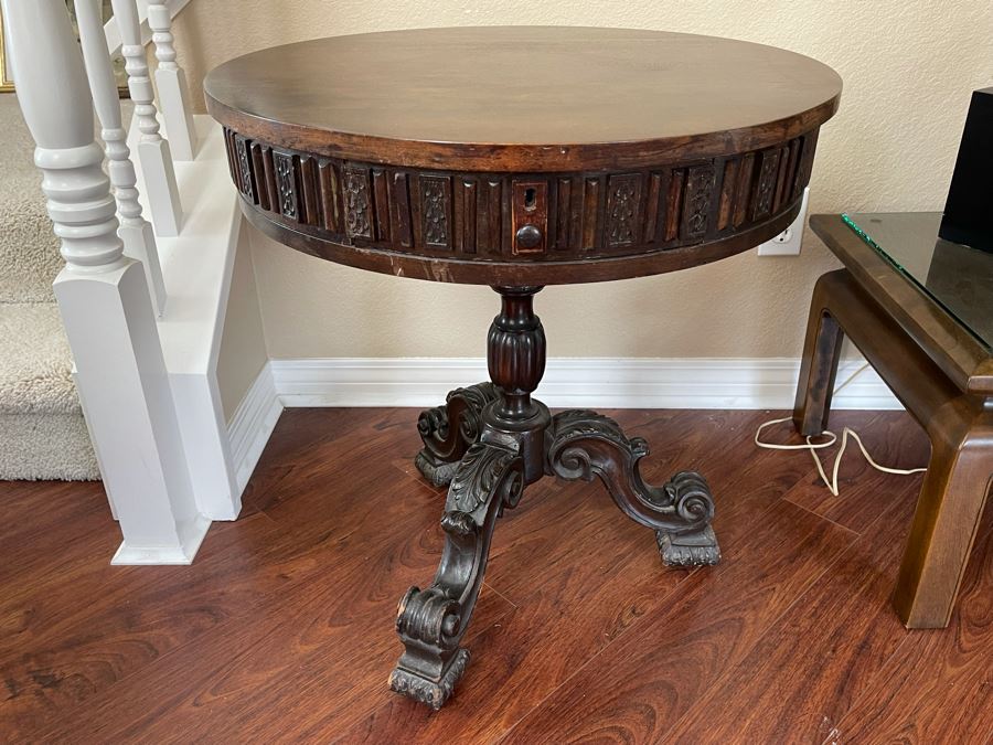Antique Wooden Pedestal Table With Drawer (2 Of The Applied Side Decorations In Back Are Missing - See Photos) 24W X 26H [Photo 3]