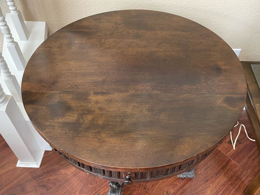 Antique Wooden Pedestal Table With Drawer (2 Of The Applied Side Decorations In Back Are Missing - See Photos) 24W X 26H [Photo 7]