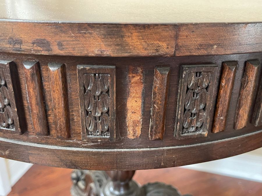Antique Wooden Pedestal Table With Drawer (2 Of The Applied Side Decorations In Back Are Missing - See Photos) 24W X 26H [Photo 12]