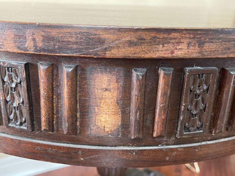 Antique Wooden Pedestal Table With Drawer (2 Of The Applied Side Decorations In Back Are Missing - See Photos) 24W X 26H [Photo 11]