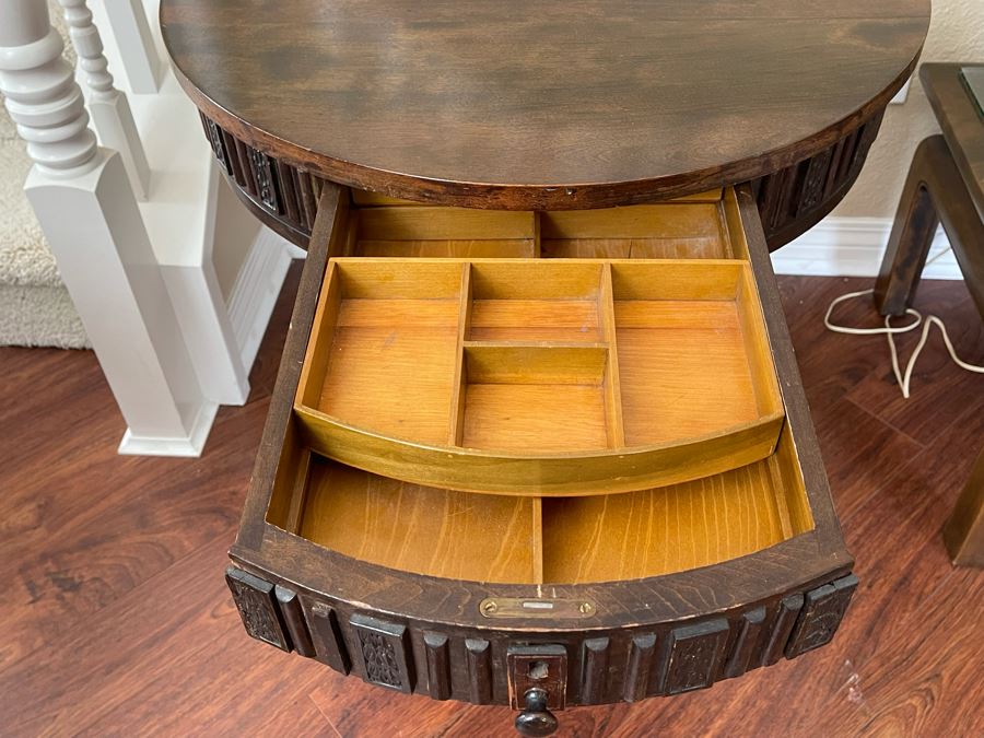 Antique Wooden Pedestal Table With Drawer (2 Of The Applied Side Decorations In Back Are Missing - See Photos) 24W X 26H [Photo 2]