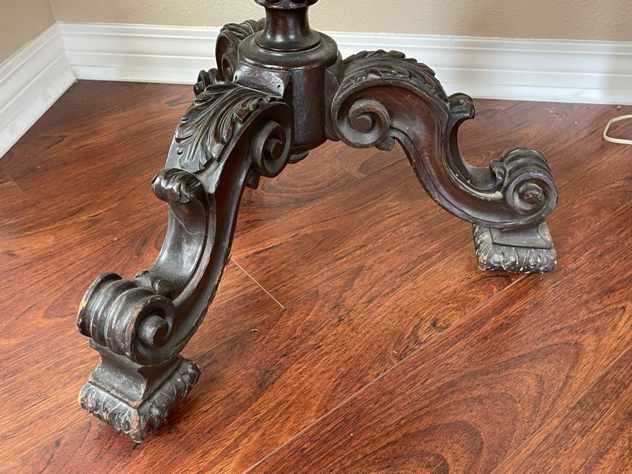 Antique Wooden Pedestal Table With Drawer (2 Of The Applied Side Decorations In Back Are Missing - See Photos) 24W X 26H [Photo 5]