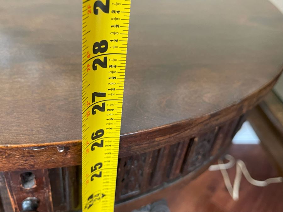 Antique Wooden Pedestal Table With Drawer (2 Of The Applied Side Decorations In Back Are Missing - See Photos) 24W X 26H [Photo 14]